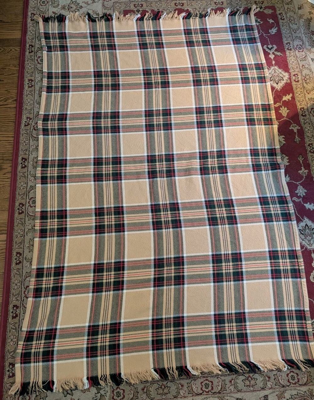 Amana Woolen Mill Beige Dark Green Red Throw 100% COTTON, USA Iowa Blanket VTG